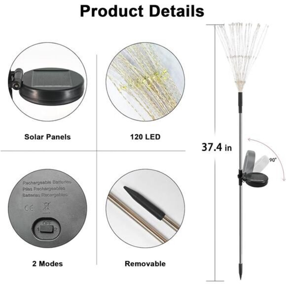 Solar Garden Lights Outdoor, 2 Pack 120 LED Twinkling Firework Lights Decorative - Picture 6 of 7